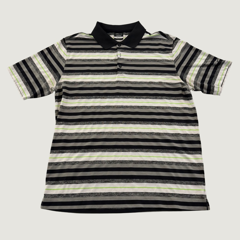 Nike Golf Dri FIT Polo Shirt Mens Large Black Gray Lime Green Striped Stretch